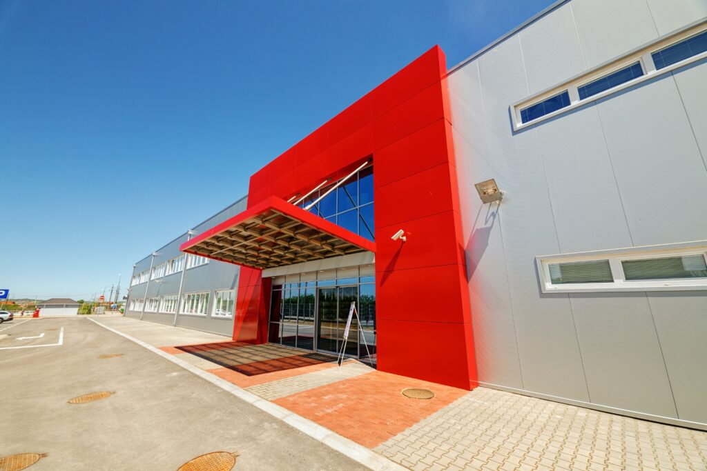 Exterior building using industrial wall panels